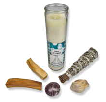 Set voor meditatie lepidoliet, kaarsenkwarts, salie, palo santo en een kaars.