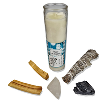 Set for aura cleaning, tourmaline, rock crystal, sage, palo santo and a candle