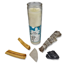 Set voor aura cleaning, toermalijn,  bergkristal, salie, palo santo en een kaars