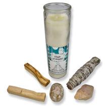 Set für Meditationsblumenachat, Kerzenquarz, Salbei, Palo Santo und eine Kerze.