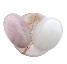 Bowl from red healer with handstones of rose quartz and rock crystal