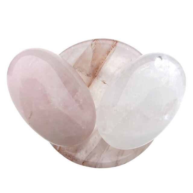 Bowl from red healer with handstones of rose quartz and rock crystal