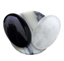 Bowl from zebra jasper with handstones of rock crystal and obsidian