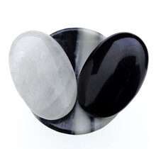 Bowl from zebra jasper with handstones of rock crystal and obsidian