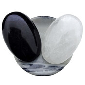 Bowl from zebra jasper with handstones of rock crystal and obsidian Bowl from zebra jasper with handstones of rock crystal and obsidian