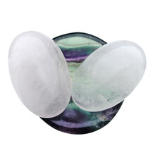 Bowl from fluorite with handstones of rose quartz and rock crystal