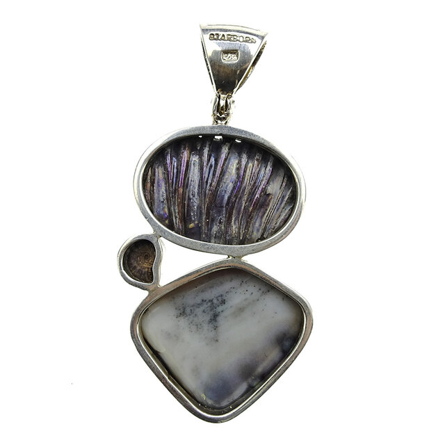 Pendant of pyrite, ammonite and fossil shell with silver Pendant of pyrite, ammonite and fossil shell with silver