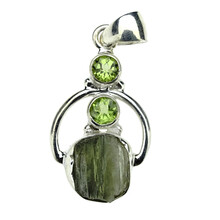 Moldavite pendant with peridot in silver
