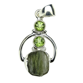 Moldavite pendant with peridot in silver