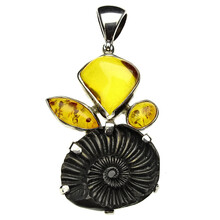 Amber pendant with ammonite in silver