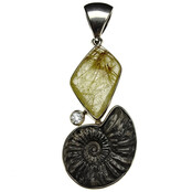 Rutile quarz pendant with ammonite in silver