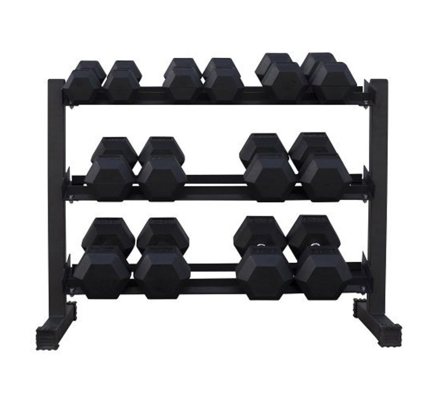 Hex rubber dumbbell set 5 - 20kg 7 paar + rek