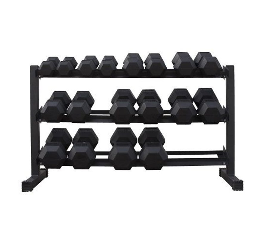 Haltères Hexagonaux caoutchouc 5-25kg 9 paires + rack