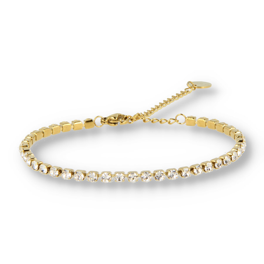 My Bendel Elegant gouden tennisarmband met sprankelende witte zirkonia. Verstelbare sluiting voor perfect comfort. Blijft mooi en irriteert niet. # PO2301