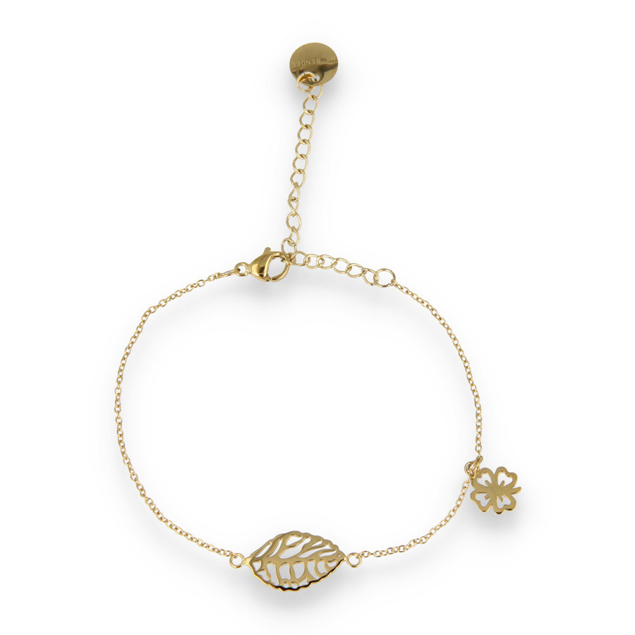 My Bendel Gouden bedelarmband met klavertje voor geluk. Verstelbaar en combineerbaar met andere armbanden. Duurzaam stainless steel. Ook in zilver verkrijgbaar. # PO2317
