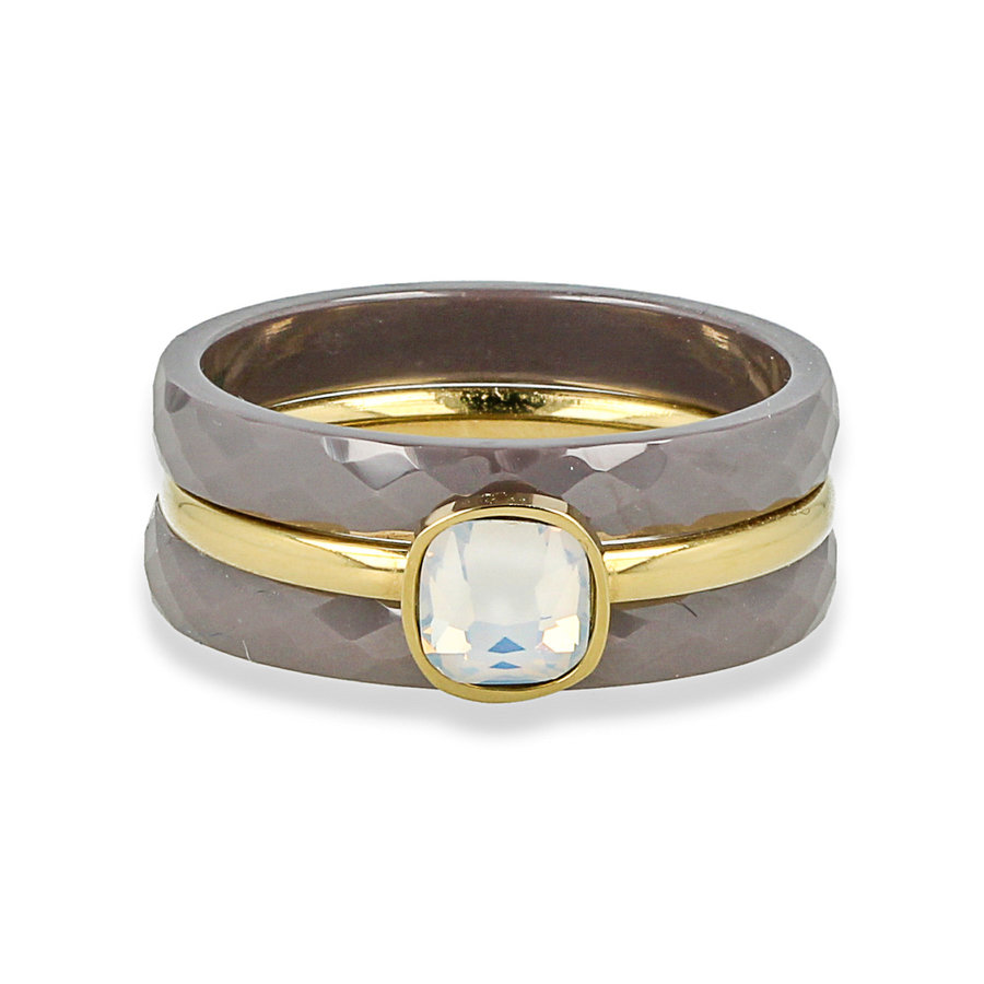 My Bendel Grijze keramiek ringenset met gouden quartz, chique en duurzaam. Verkleurt niet. 1 jaar garantie.