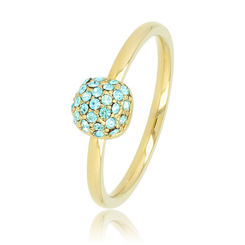 My Bendel Gouden aanschuifring - aqua glasstenen - Stainless steel