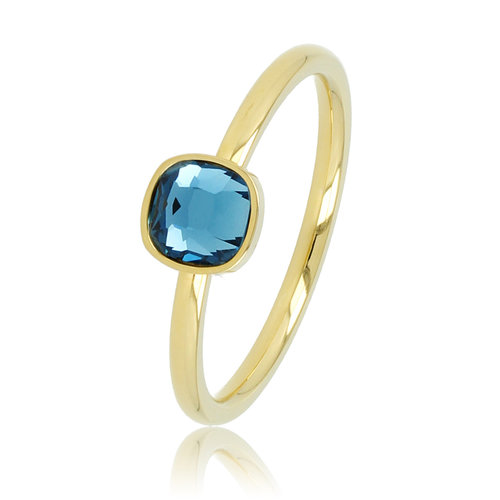 My Bendel Gouden aanschuifring - Blauwe glassteen - Stainless steel