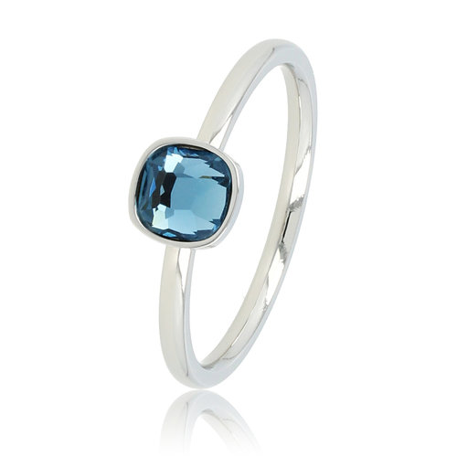 My Bendel Zilveren aanschuifring - vierkante blauwe glassteen