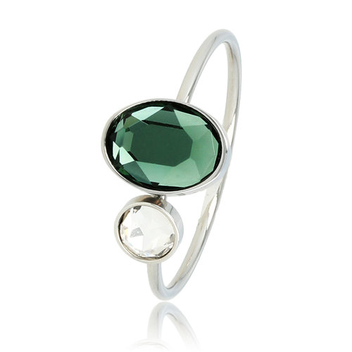 My Bendel Zilveren aanschuifring - Groene en kristal glasstenen