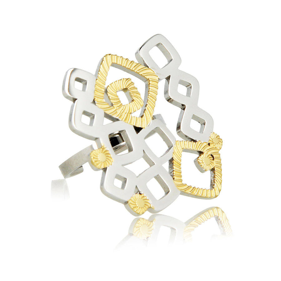 My Bendel Chique en unieke ring met goud en zilverkleurige elementen