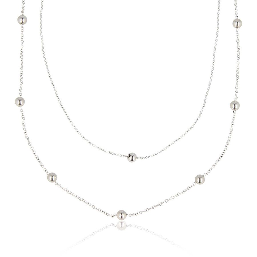 My Bendel Stijlvolle dubbele zilverkleurige edelstalen ketting met bolletjes