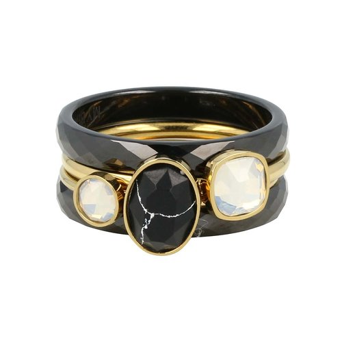 My Bendel Ringenset zwart keramiek - gouden ringen met steen
