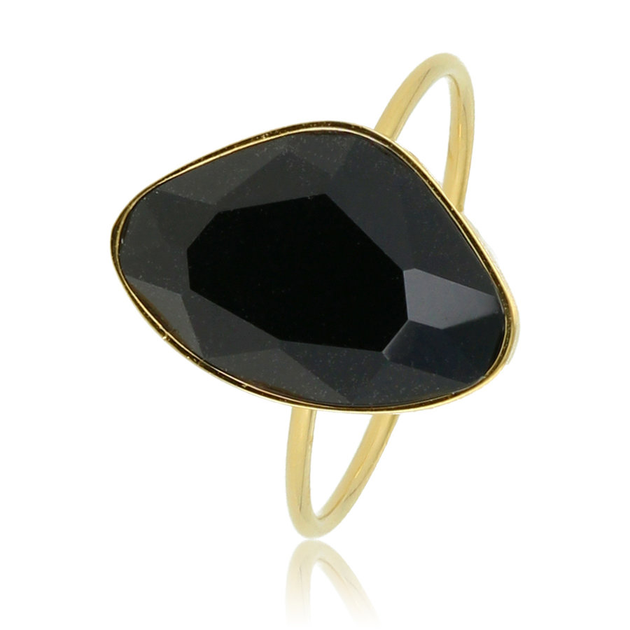 My Bendel Minimalistische gouden ring met zwarte glassteen, Stainless steel, perfect te stapelen. 1 jaar garantie.