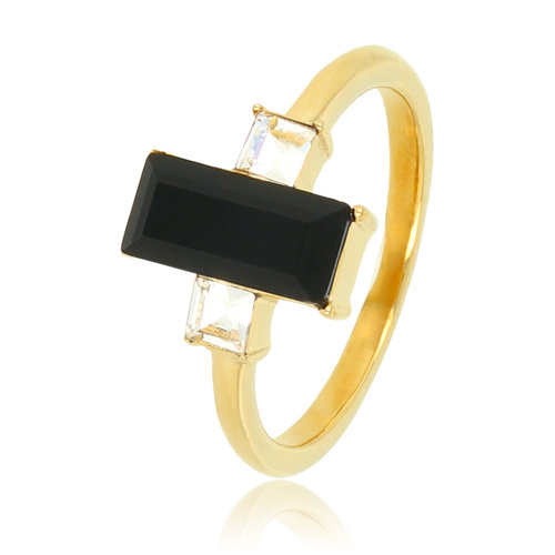 My Bendel Gouden damesring - zwarte kristal - witte zirkonia stenen