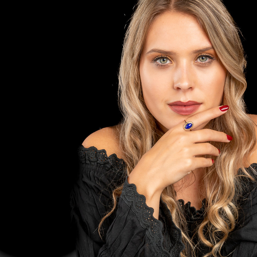 My Bendel Edelstalen ring - goud-  met  blauwe steen