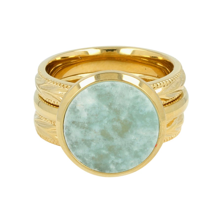 My Bendel Gouden ringenset met bladmotief ringen en een ring met Amazoniet edelsteen