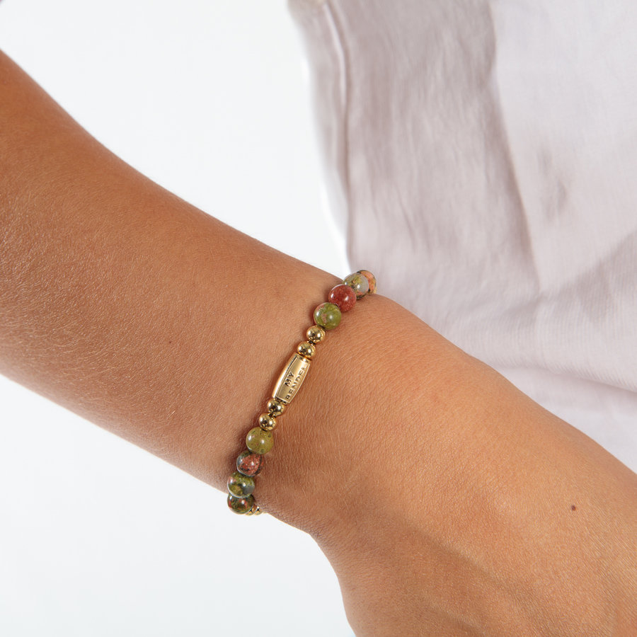 My Bendel Elastische damesarmband met Unakite edelsteen en stainless steel. Handgemaakt, duurzaam en jarenlang mooi. # VI5503