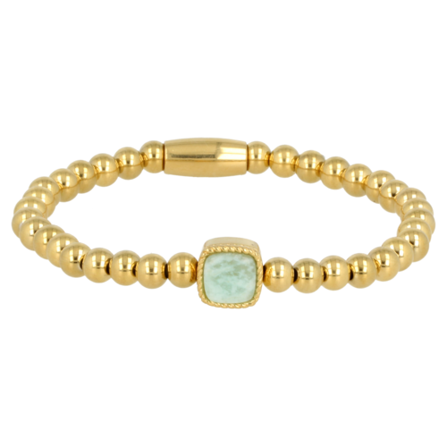 My Bendel Gouden Elastische Armband met Amazonite Bedel