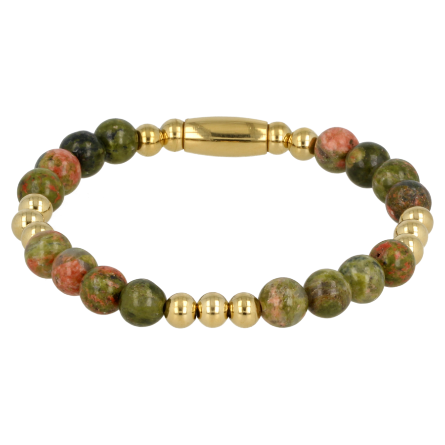My Bendel Elastische damesarmband met Unakite edelsteen en stainless steel. Handgemaakt, duurzaam en jarenlang mooi. # VI5503