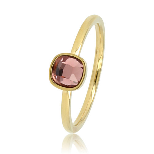 My Bendel Gouden ring - vierkante donkerroze glassteen - aanschuifbaar
