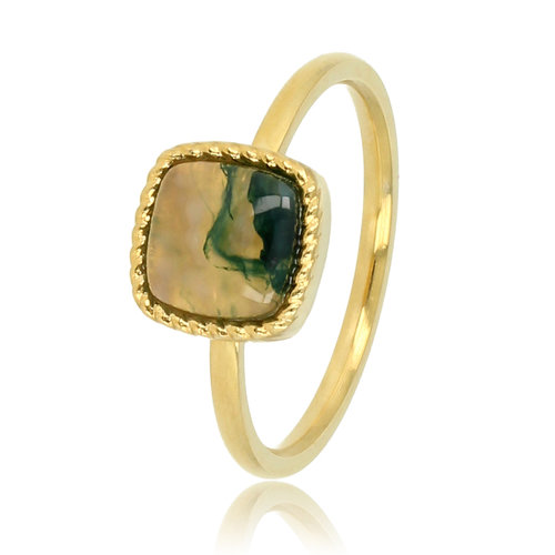 My Bendel Gouden Zegelring met Donkergroene Moss Agate Edelsteen