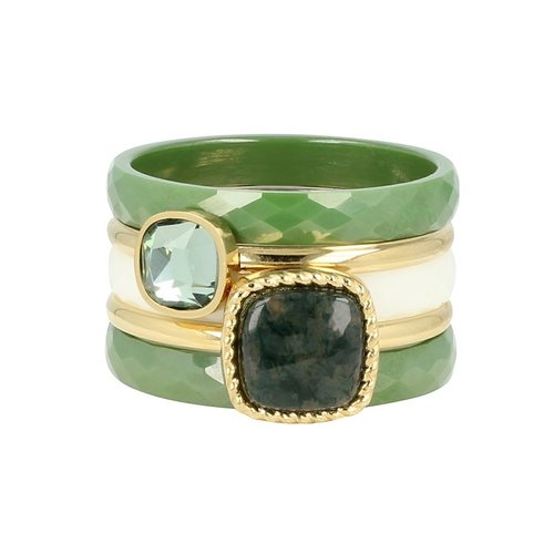 My Bendel Ringenset met keramiek en Moss Agate - 5 ringen - My Bendel