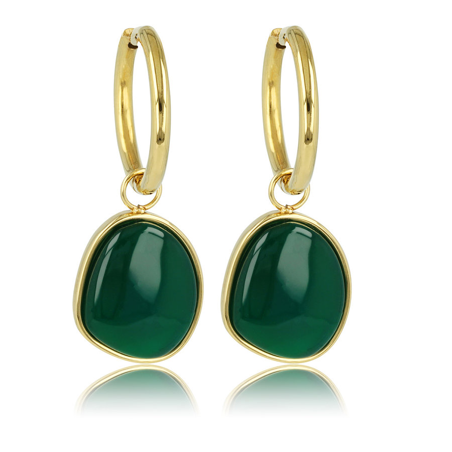 My Bendel Mooie combinatie van een ronde goudkleurige creool met ronde Green Agate hanger