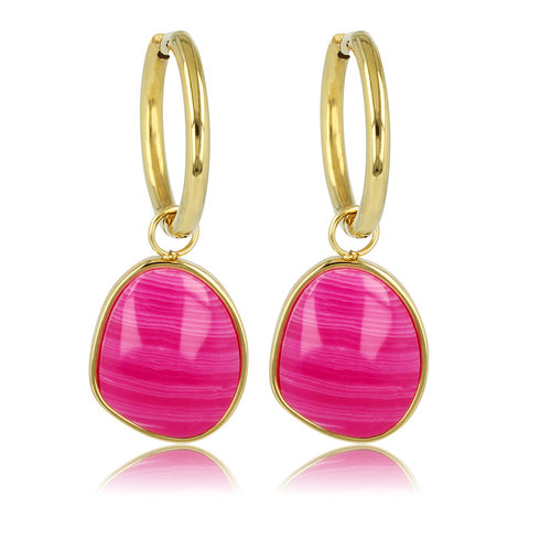 My Bendel Gold earrings with Rose Stripe Agate gemstone pendant - 36 mm