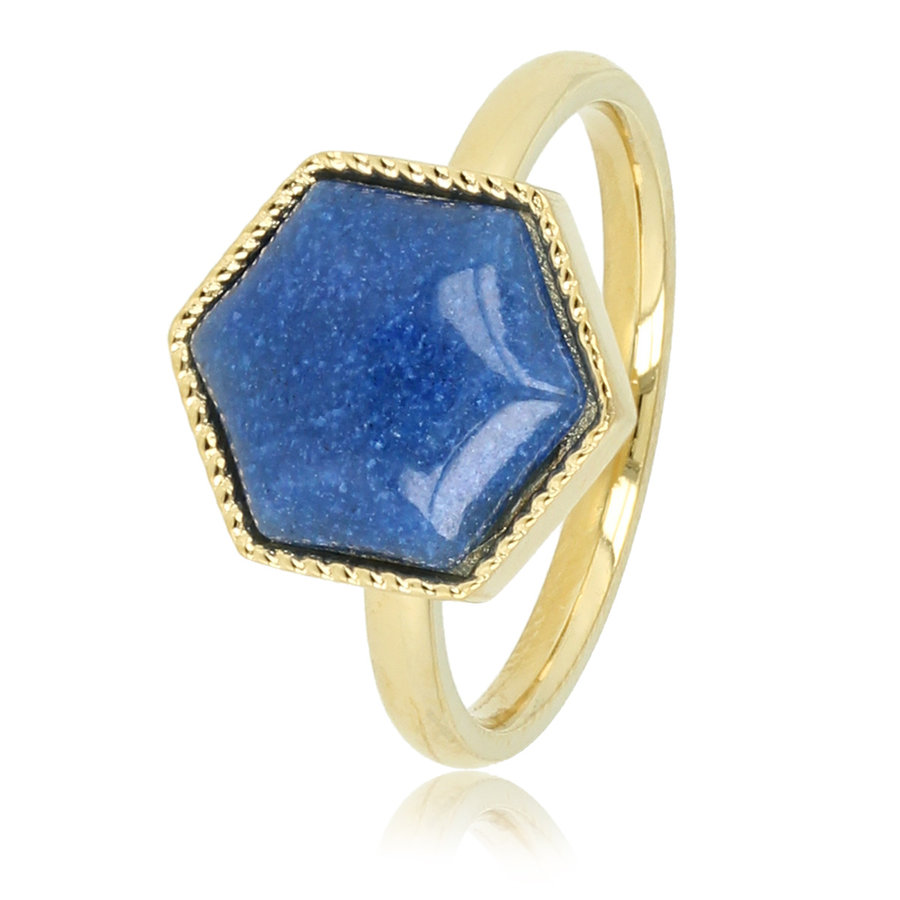 My Bendel Bijzondere gouden ring gevormd in een zeshoek met Blue Aventurine edelsteen