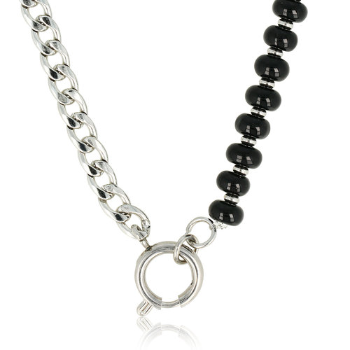 My Bendel Zilveren Schakelketting met Onyx Edelstenen