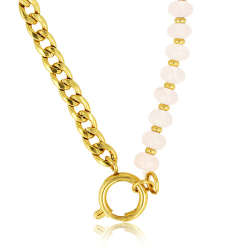 My Bendel Gouden Schakelketting met Rose Quartz Edelstenen