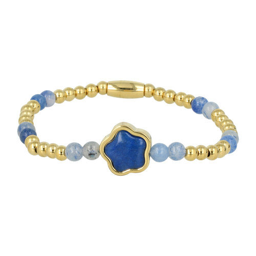 My Bendel Gouden Kralenarmband met Blue Aventurine Bloem