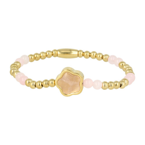 My Bendel Gouden Armband met Rose Quartz Bloemen bedel