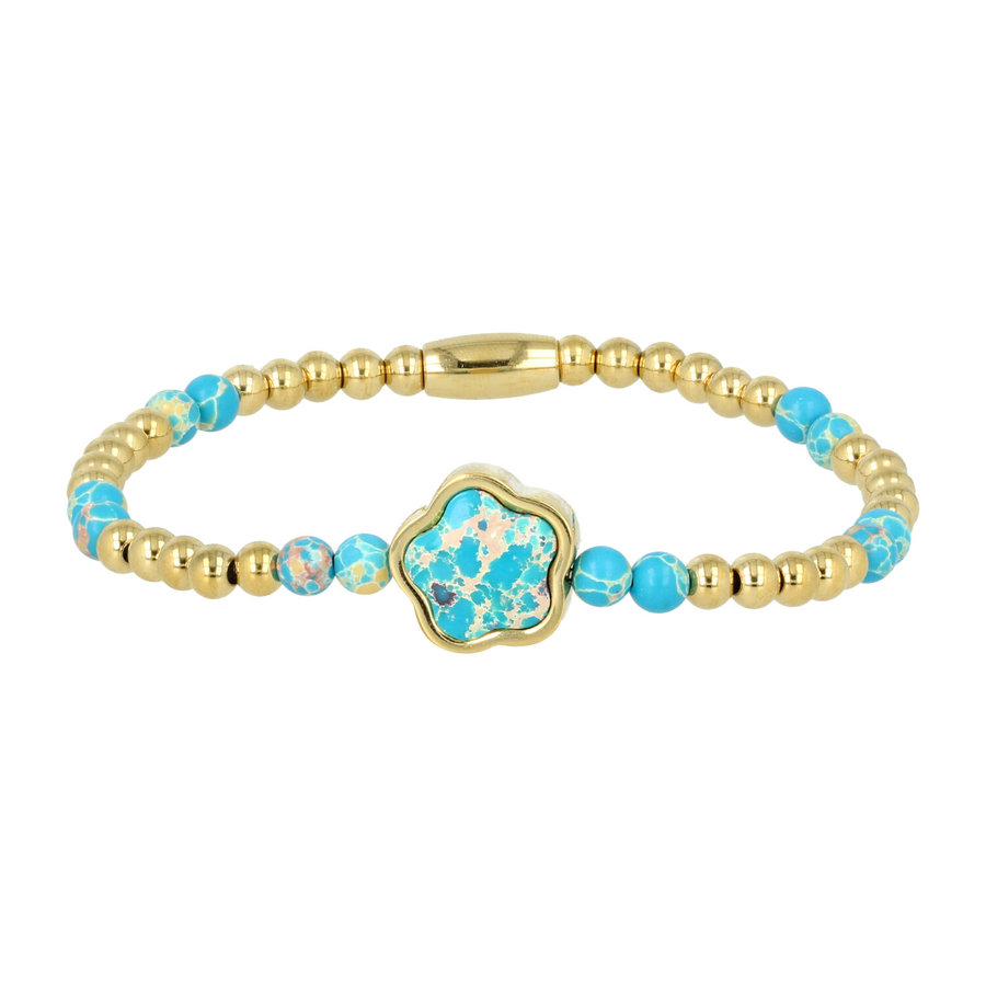 My Bendel Gold beaded bracelet with Imperial Jasper flower charm