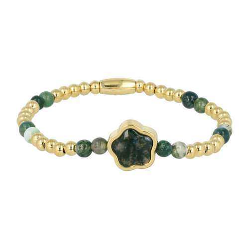 My Bendel Gouden Kralenarmband met Moss Agate Bloemen bedel