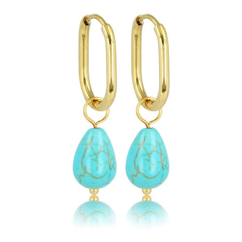 My Bendel Gouden Ovalen Oorringen met Blue Howlite Hanger