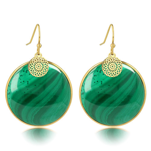 My Bendel Malachite Bloemgoud Oorbel 40mm - Unieke Elegantie