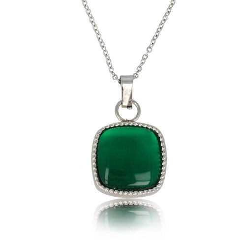 My Bendel Zilveren Ketting met Vierkante Green Agate Hanger