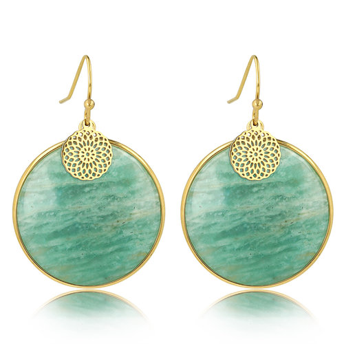 My Bendel Amazonite Bloemgoud Oorbel 40mm - Unieke Elegantie